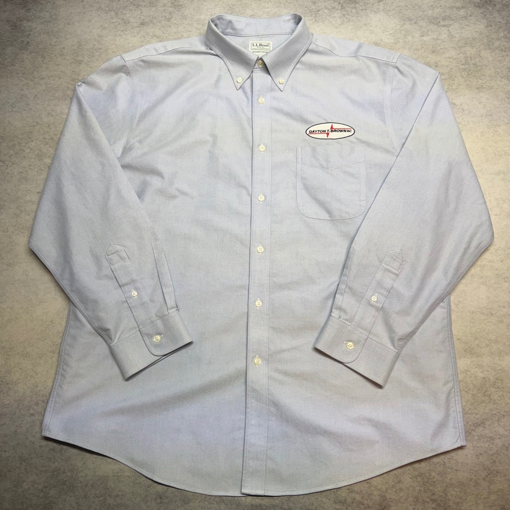 LL Bean Slightly Fitted Mens 17.5 35 Blue Company Patch Oxford Button Down Shirt